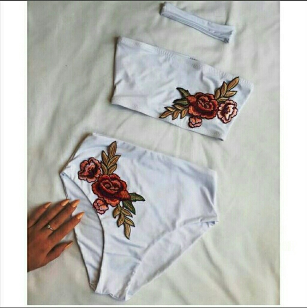 NEW Rose Embroidered High Waisted Bathing Suit